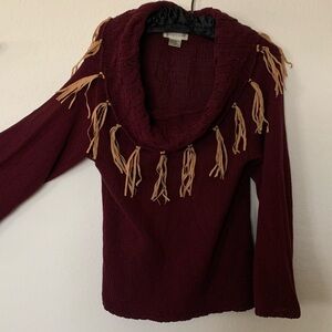 Newport News Burgundy Cowl Neck Sweater with Tan Fringe